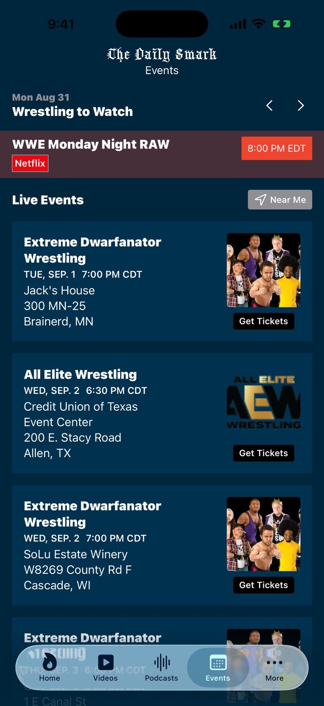 The Daily Smark events tab on iPhone and Android, showing WWE Monday Night RAW on Netflix above live events in Brainerd, Minnesota and Allen, Texas with Get Tickets buttons.