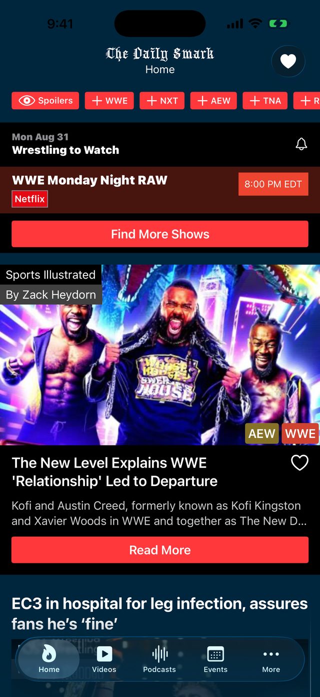 The Daily Smark home feed on iPhone and Android, showing WWE, NXT, AEW and TNA filters above a Sports Illustrated story about The New Level leaving WWE.