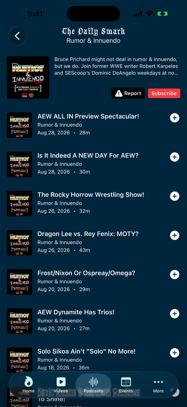 A podcast page in The Daily Smark on iPhone and Android, showing Rumor & Innuendo cover art, a Subscribe button, and its recent episodes with runtimes.