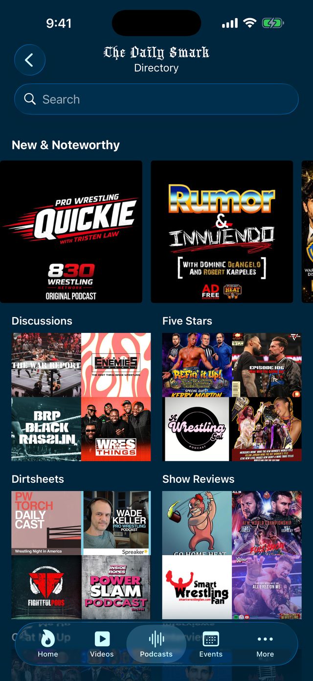The Daily Smark podcast directory on iPhone and Android, with New & Noteworthy artwork above Discussions, Five Stars, Dirtsheets and Show Reviews categories.