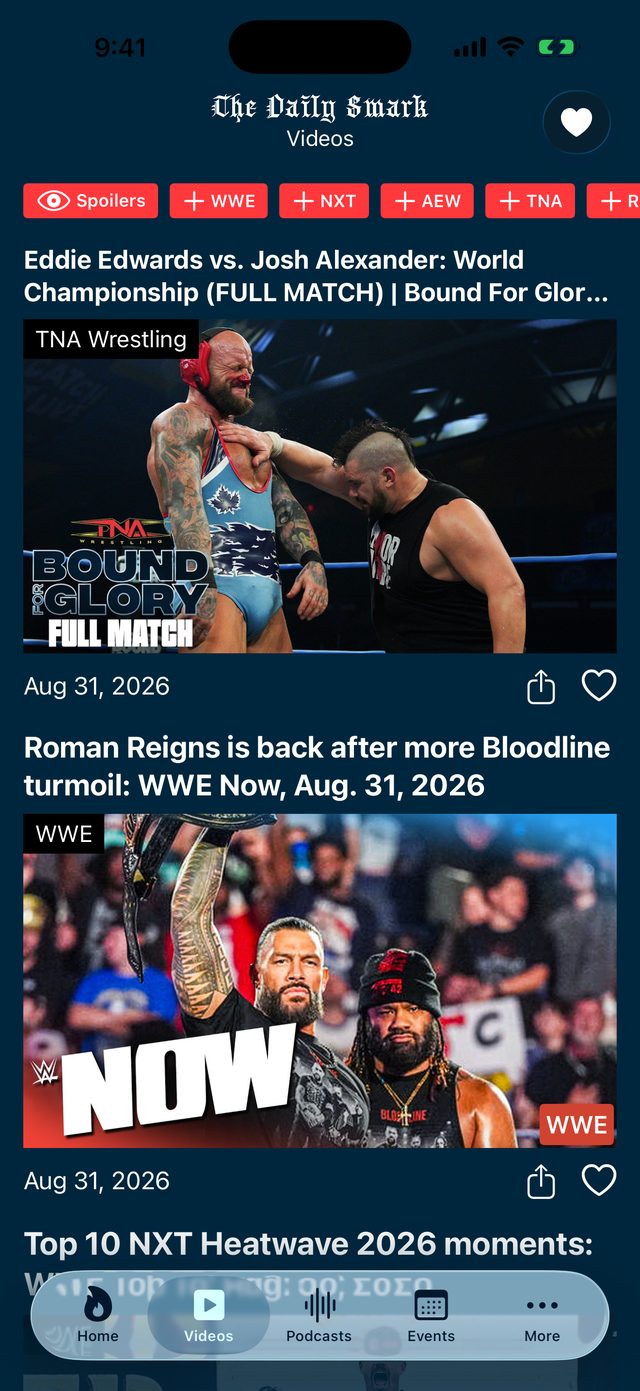 The Daily Smark videos tab on iPhone and Android, showing a TNA Bound For Glory full match and a WWE Now episode about Roman Reigns.