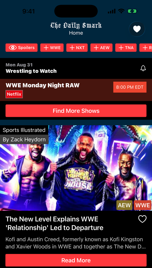 The Home feed with a red Spoilers toggle at the front of the filter row next to WWE, NXT, AEW, and TNA, Wrestling to Watch below it, and an article credited to Sports Illustrated and Zack Heydorn